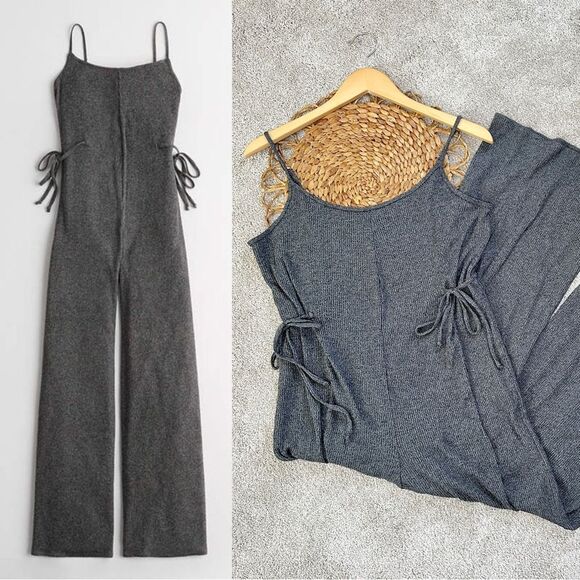 Gilly Hicks Pants - Gilly Hicks Cozy Lounge Jumpsuit Romper Knit Wide Leg Side Tie Heather Gray